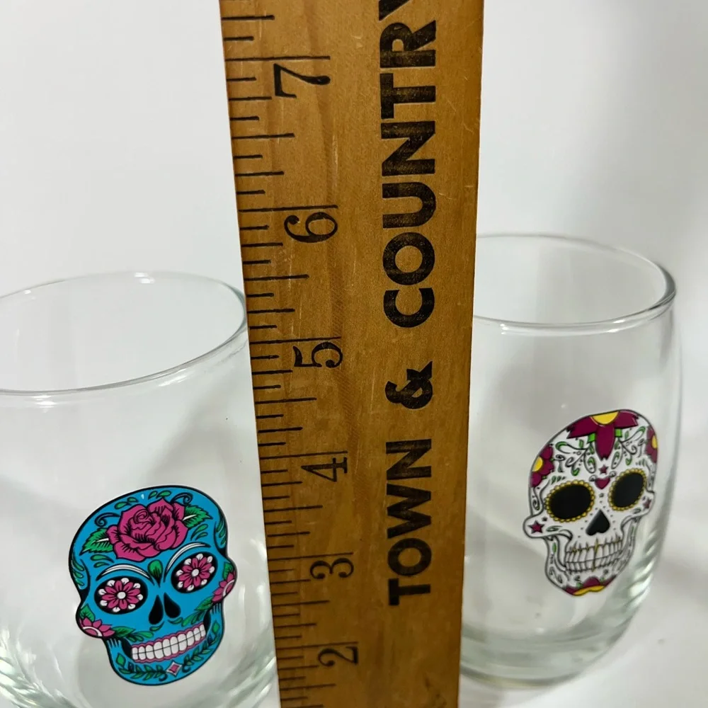 SUGAR SKULL DAY OF THE DAY HALLOWEEN 5” STEMLESS WINE‎ GLASSES SET 2 BLUE/WHITE